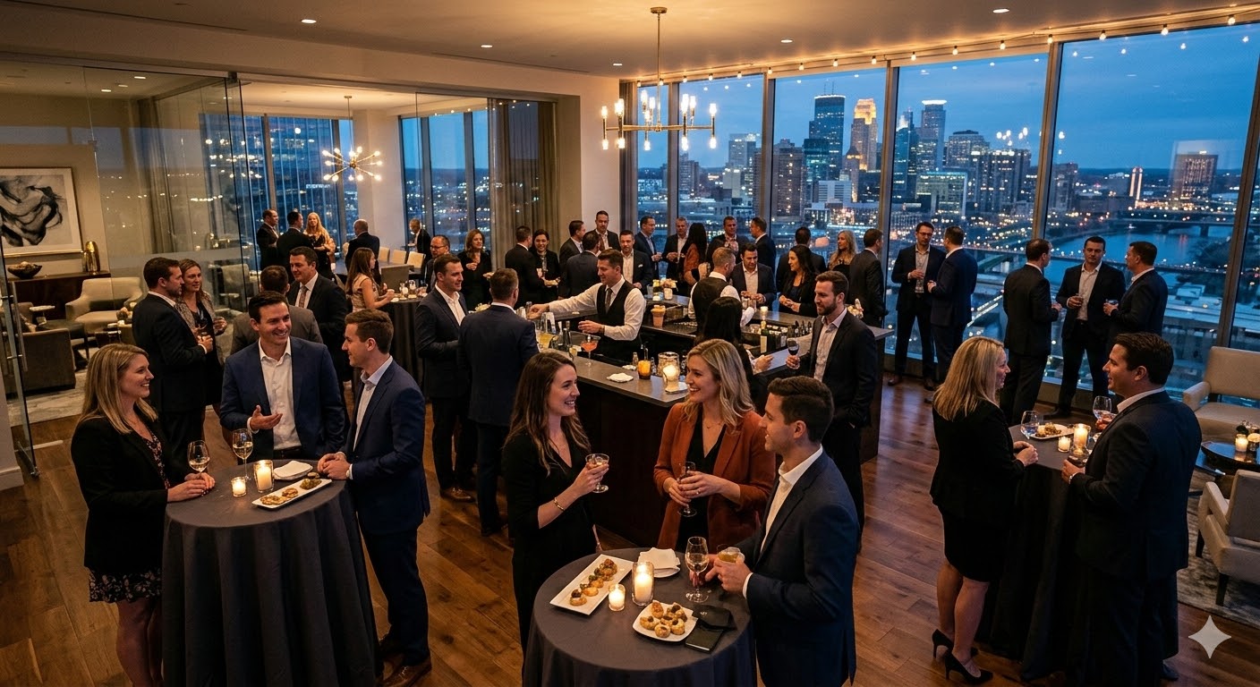 Corporate event crowd and networking scene for business entertainment inspiration